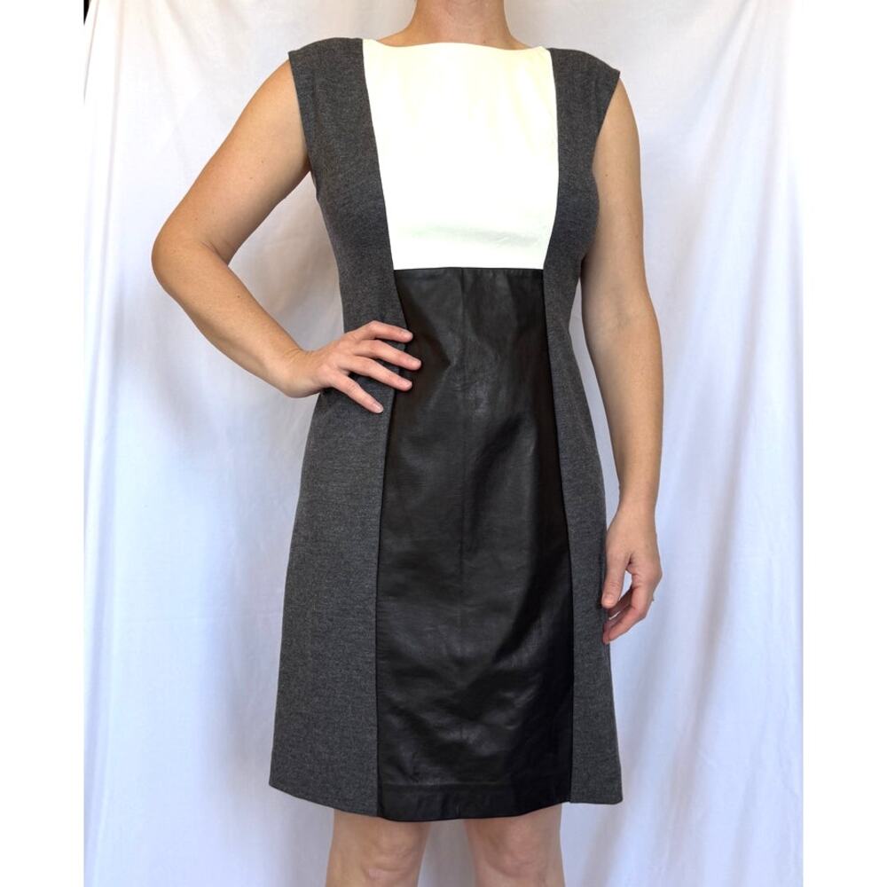 Derek Lam Black White Lambskin Leather Paneled Colorblock Grey Sheath Dress, 8